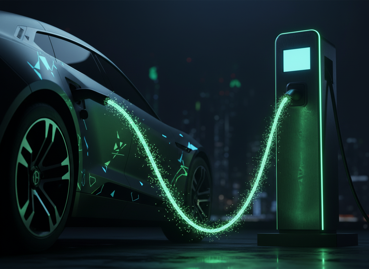 Veículo elétrico carregando numa estação futurista à noite com feixes de luz verde e ciano