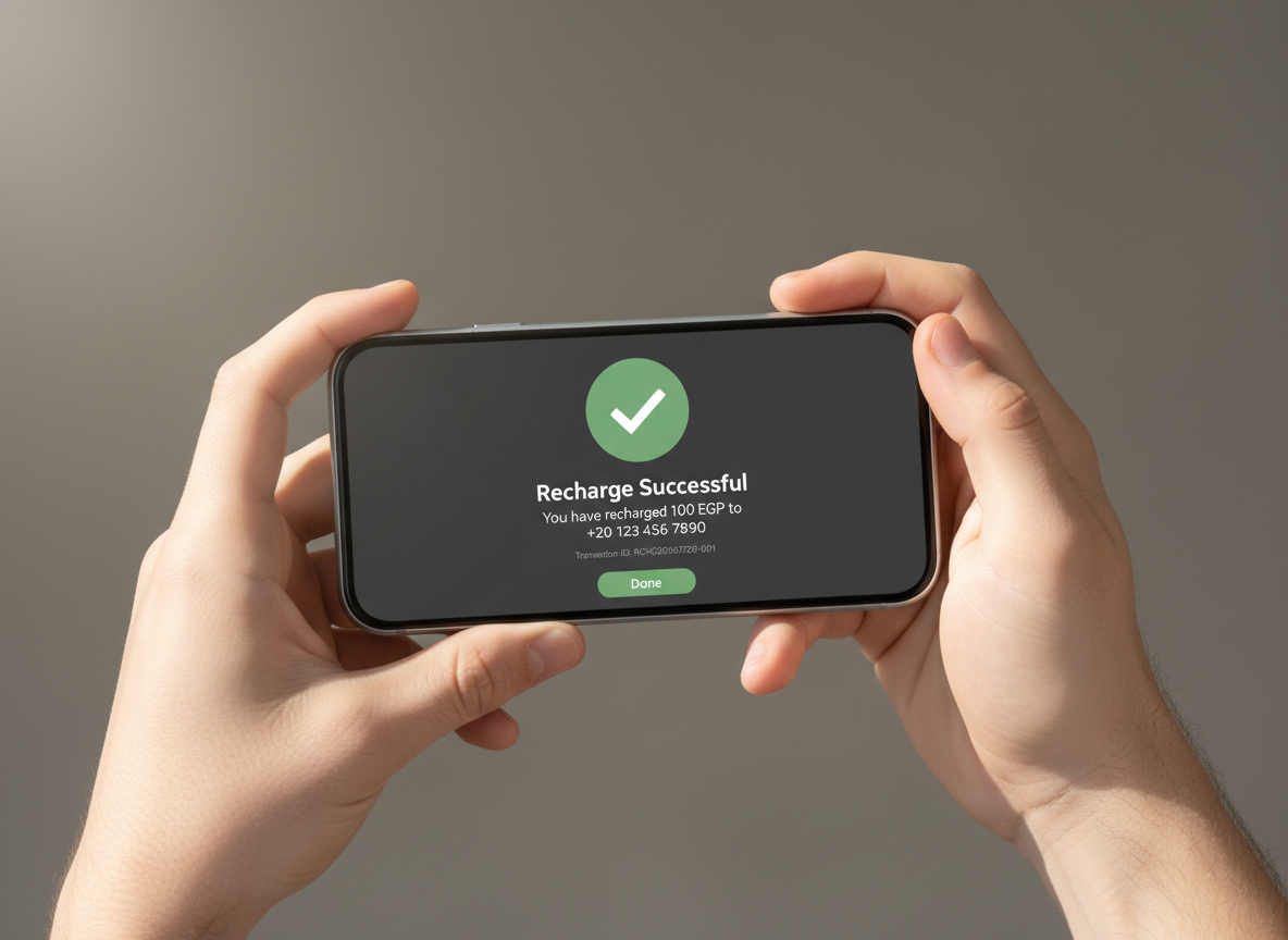 Mãos segurando um smartphone com a tela de confirmação de recarga concluída e um selo verde de sucesso.